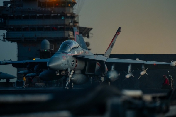 250504-N-SW048-2171 U.S. CENTRAL COMMAND AREA OF RESPONSIBILITY (May 4, 2025) An E/A-18G Growler, attached to Electronic Attack Squadron (VAQ) 144, launches from the flight deck of the Nimitz-class aircraft carrier USS Harry S. Truman (CVN 75) during flight operations in the U.S. Central Command area of responsibility. (Official U.S. Navy photo)