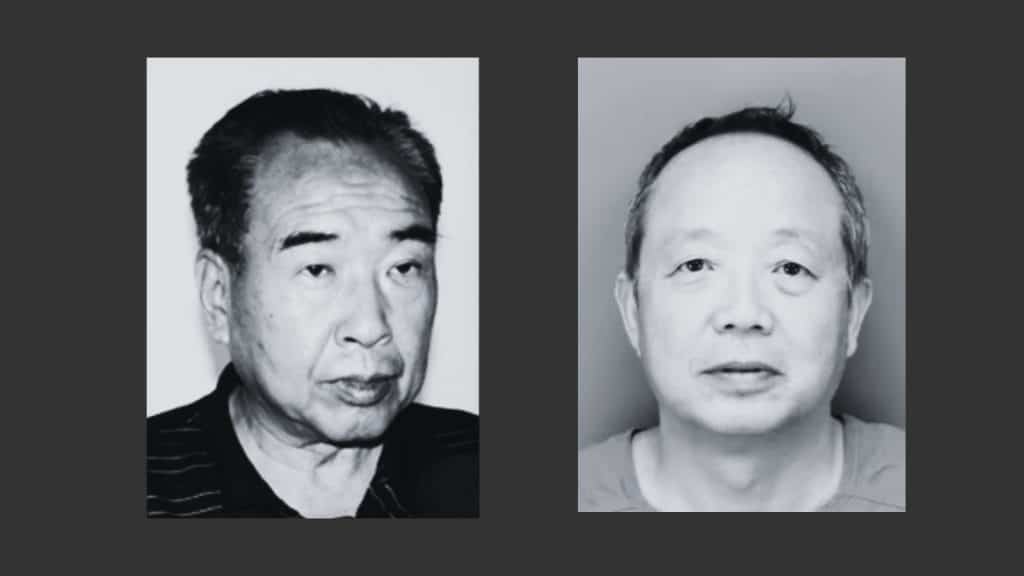 陈军(左)和李平(右)两名归化美国公民因在美国针对法轮功学员进行跨国镇压行动,于2024年11月被判入狱。他们的行动包括为中共收集情报以及向美国官员行贿。(自由亚洲电台、皮内拉斯县警长办公室)