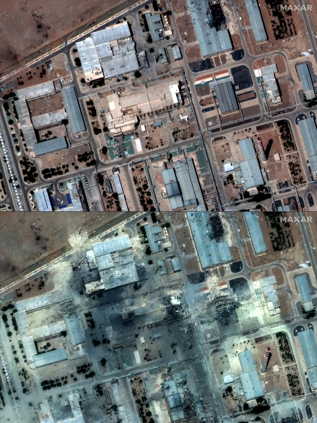图为美国空袭前后,伊朗中部伊斯法罕核设施的卫星合成对比图。上图摄于2025年6月16日,下图则为2025年6月22日空袭后。美国总统川普表示,美军已于22日清晨“彻底摧毁”伊朗主要核设施。 (Satellite image ?2025 Maxar Technologies / AFP)