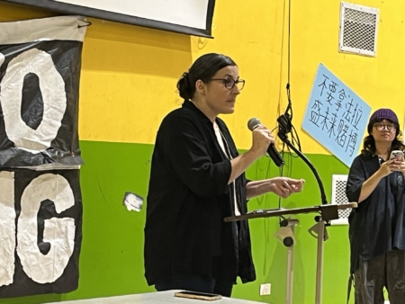杰克逊高地居民Alexis Kaloyanides在大会现场发言。
