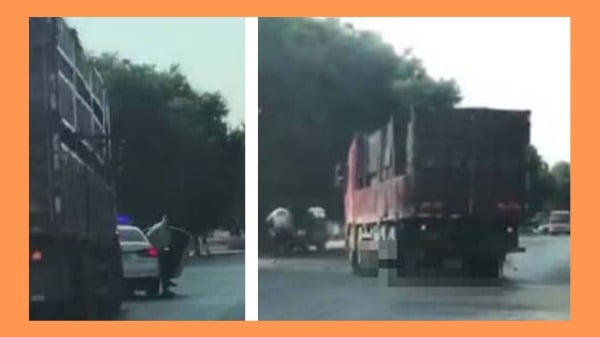 中共交警拦截大货车,结果被被撞倒碾过。