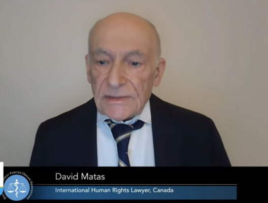 2025年12月9日,国际知名人权律师麦塔斯(David Matas)参加反对活摘器官医生组织(DAFOH)举行的国际研讨会。图为麦塔斯在发言中。(DAFOH视频截图)