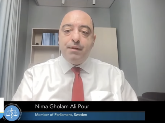 2025年12月9日,瑞典国会议员尼玛·古拉姆·阿里·普尔(Nima Gholam Ali Pour)参加反对活摘器官医生组织(DAFOH)举行的国际研讨会。图为尼玛·古拉姆·阿里·普尔在发言中。(DAFOH视频截图)