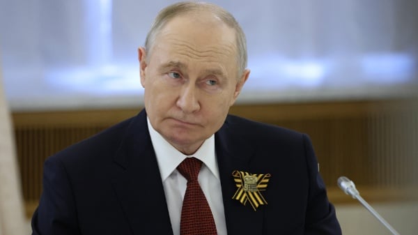 2026年5月9日,俄罗斯总统弗拉基米尔?普京(Vladimir Putin)在胜利日阅兵结束后,于克里姆林宫大宫圣叶卡捷琳娜大厅举行俄罗斯老挝会谈期间露出严肃表情。